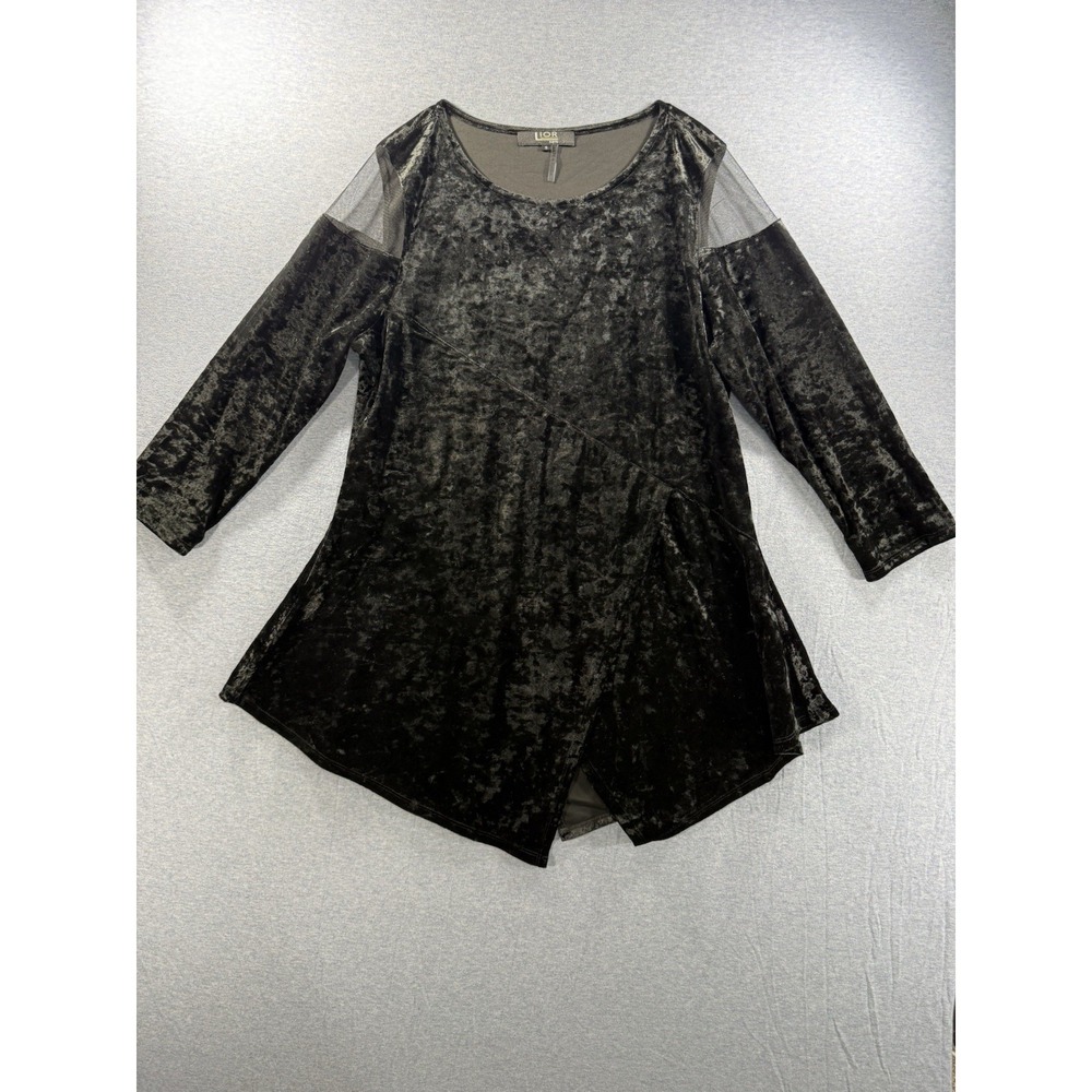 Lior Paris Black Crushed Velvet Tunic Top Sheer Mesh Shoulder 3/4 Sleeve Sz S